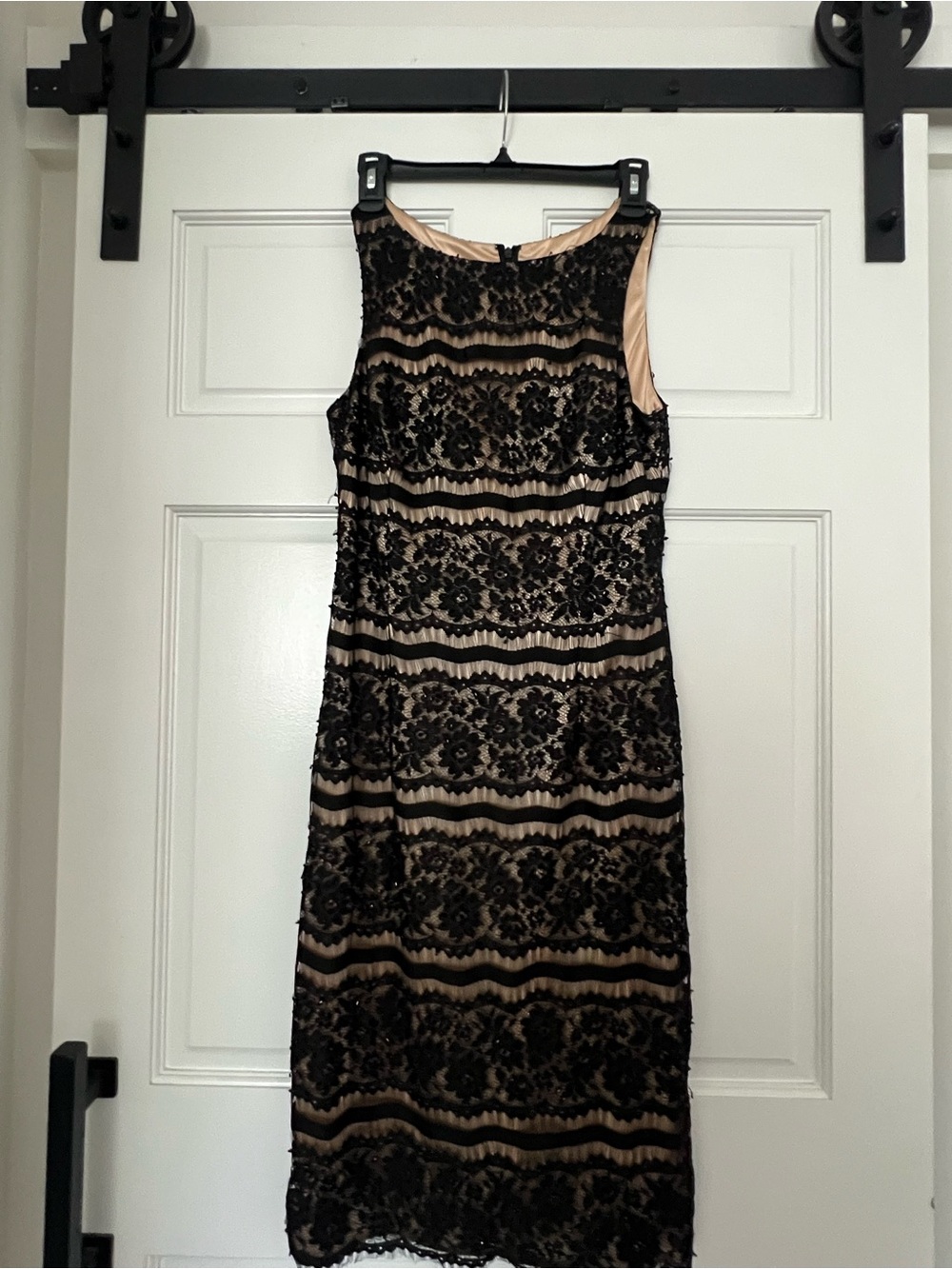 BOUTIQUE Sleeveless Black Lace Overlay Nude Sheath Dress